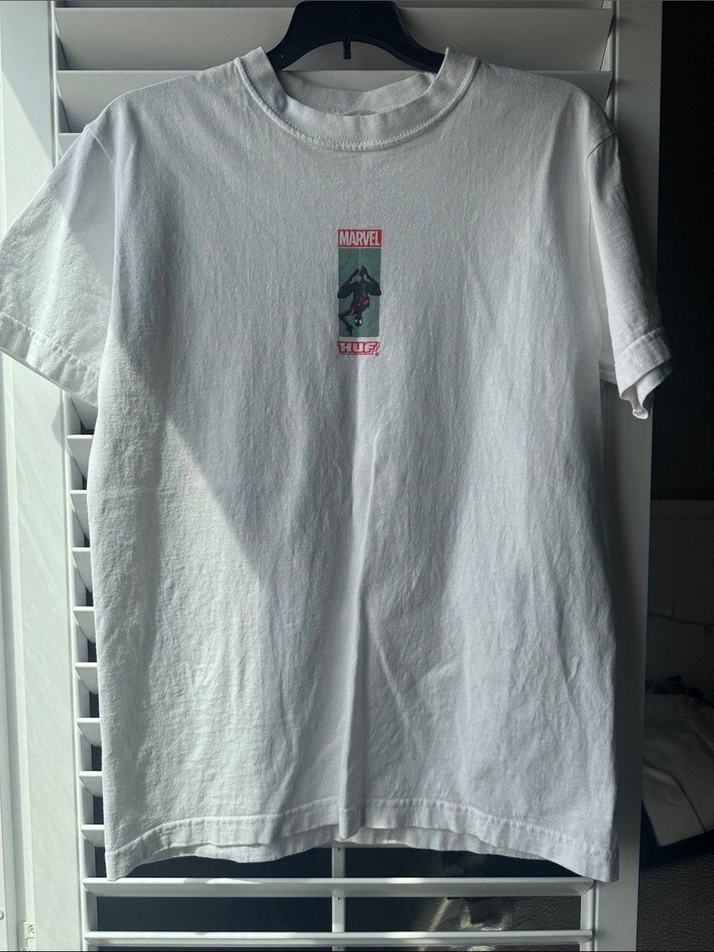 HUF Marvel Spiderman White Short Sleeve Graphic Tee with Red & Green Logo